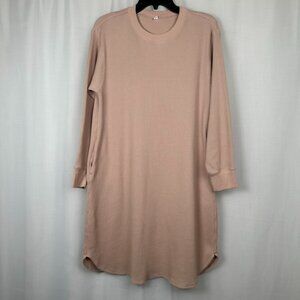 Uniqlo Waffle Crew Neck Long-Sleeve Dress Womens L Pink Pockets Comfy Relaxed